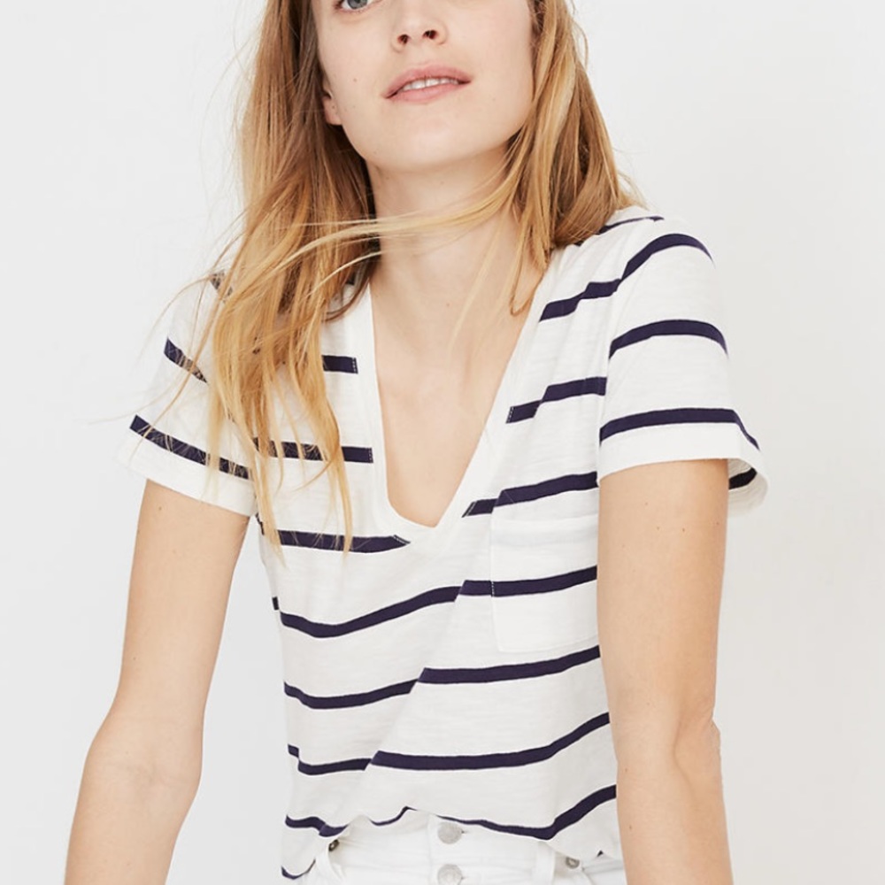 Madwell Striped Whisper Cotton V-Neck Pocket Tee